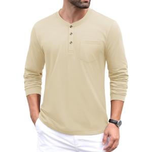 imageMAGCOMSEN Mens Henley Long Sleeve Casual Shirts Cotton Pocket t Shirts Summer Fitted Plain Tops Lightweight FashionLight Apricot