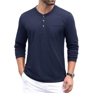 imageMAGCOMSEN Mens Henley Long Sleeve Casual Shirts Cotton Pocket t Shirts Summer Fitted Plain Tops Lightweight FashionNevy Blue