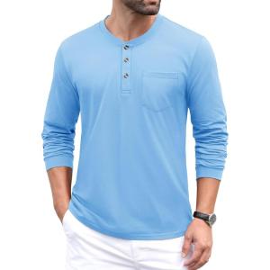 imageMAGCOMSEN Mens Henley Long Sleeve Casual Shirts Cotton Pocket t Shirts Summer Fitted Plain Tops Lightweight FashionWater Blue