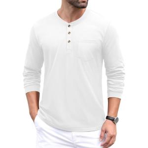 imageMAGCOMSEN Mens Henley Long Sleeve Casual Shirts Cotton Pocket t Shirts Summer Fitted Plain Tops Lightweight FashionWhite
