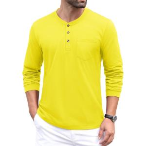imageMAGCOMSEN Mens Henley Long Sleeve Casual Shirts Cotton Pocket t Shirts Summer Fitted Plain Tops Lightweight FashionYellow