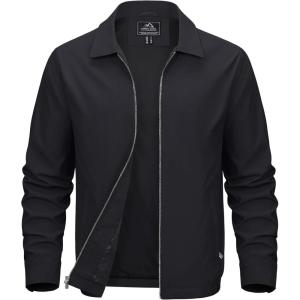 imageMAGCOMSEN Mens Lightweight Jackets Full Zip Up Light Coat Laydown Collar Jacket Casual Windbreaker Jacket with Zip PocketsBlack