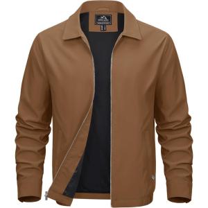 imageMAGCOMSEN Mens Lightweight Jackets Full Zip Up Light Coat Laydown Collar Jacket Casual Windbreaker Jacket with Zip PocketsBrown