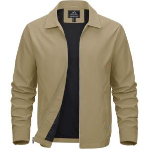 imageMAGCOMSEN Mens Lightweight Jackets Full Zip Up Light Coat Laydown Collar Jacket Casual Windbreaker Jacket with Zip PocketsKhaki
