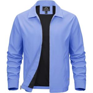 imageMAGCOMSEN Mens Lightweight Jackets Full Zip Up Light Coat Laydown Collar Jacket Casual Windbreaker Jacket with Zip PocketsLight Blue
