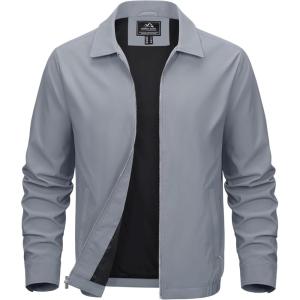imageMAGCOMSEN Mens Lightweight Jackets Full Zip Up Light Coat Laydown Collar Jacket Casual Windbreaker Jacket with Zip PocketsLight Grey