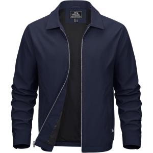 imageMAGCOMSEN Mens Lightweight Jackets Full Zip Up Light Coat Laydown Collar Jacket Casual Windbreaker Jacket with Zip PocketsNavy