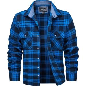 imageMAGCOMSEN Mens Flannel Shirts Cotton Long Sleeve Plaid Shirt Casual Fashion Button Up Shirts Jackets with 2 PocketsBright Blue