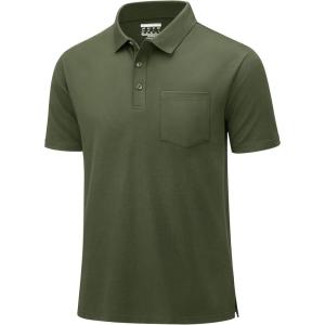 imageMAGCOMSEN Mens Polo Shirts with Pocket Cotton Pique Short Sleeve Collared Shirt Moisture Wicking Golf Shirts 3Button ShirtsArmy Green