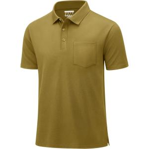 imageMAGCOMSEN Mens Polo Shirts with Pocket Cotton Pique Short Sleeve Collared Shirt Moisture Wicking Golf Shirts 3Button ShirtsBrown