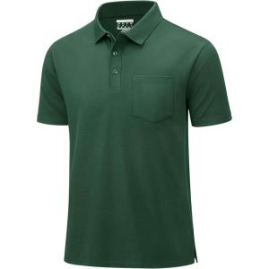 imageMAGCOMSEN Mens Polo Shirts with Pocket Cotton Pique Short Sleeve Collared Shirt Moisture Wicking Golf Shirts 3Button ShirtsDark Green