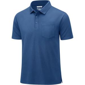 imageMAGCOMSEN Mens Polo Shirts with Pocket Cotton Pique Short Sleeve Collared Shirt Moisture Wicking Golf Shirts 3Button ShirtsGrey Blue