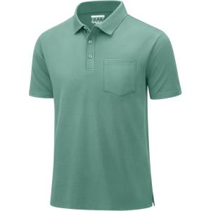imageMAGCOMSEN Mens Polo Shirts with Pocket Cotton Pique Short Sleeve Collared Shirt Moisture Wicking Golf Shirts 3Button ShirtsGrey Green