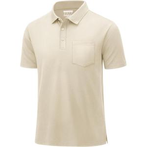 imageMAGCOMSEN Mens Polo Shirts with Pocket Cotton Pique Short Sleeve Collared Shirt Moisture Wicking Golf Shirts 3Button ShirtsKhaki