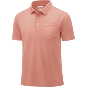 imageMAGCOMSEN Mens Polo Shirts with Pocket Cotton Pique Short Sleeve Collared Shirt Moisture Wicking Golf Shirts 3Button ShirtsPink
