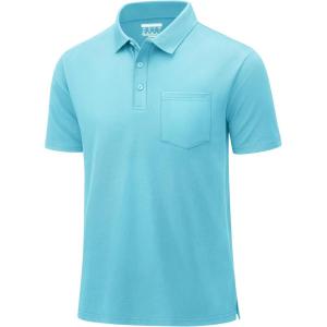 imageMAGCOMSEN Mens Polo Shirts with Pocket Cotton Pique Short Sleeve Collared Shirt Moisture Wicking Golf Shirts 3Button ShirtsSky Blue