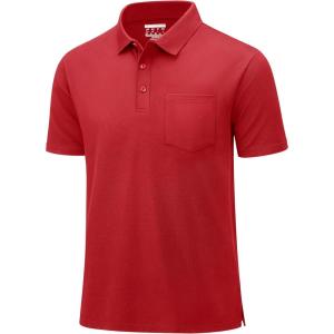 imageMAGCOMSEN Mens Polo Shirts with Pocket Cotton Pique Short Sleeve Collared Shirt Moisture Wicking Golf Shirts 3Button ShirtsTomato Red
