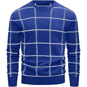 imageMAGCOMSEN Mens Sweater Pullover Sweaters Crewneck Plaid Sweater Casual Cotton Sweater Fall Winter SweaterBlue