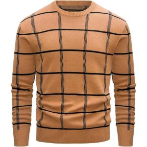 imageMAGCOMSEN Mens Sweater Pullover Sweaters Crewneck Plaid Sweater Casual Cotton Sweater Fall Winter SweaterCamel