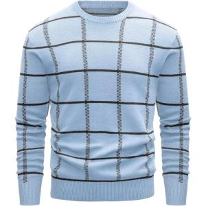 imageMAGCOMSEN Mens Sweater Pullover Sweaters Crewneck Plaid Sweater Casual Cotton Sweater Fall Winter SweaterLight Blue