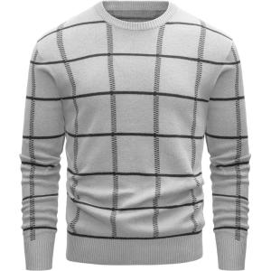 imageMAGCOMSEN Mens Sweater Pullover Sweaters Crewneck Plaid Sweater Casual Cotton Sweater Fall Winter SweaterLight Grey