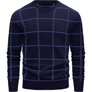 imageMAGCOMSEN Mens Sweater Pullover Sweaters Crewneck Plaid Sweater Casual Cotton Sweater Fall Winter SweaterNavy
