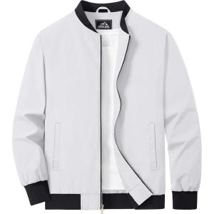 imageMAGCOMSEN Mens Bomber Jacket Lightweight Casual Zip Up Windbreaker Spring Fall Golf Coat with PocketsWhite