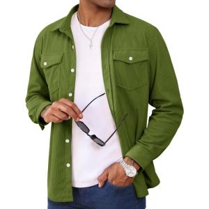 imageMAGCOMSEN Mens Corduroy Shirt Jacket Long Sleeve Lightweight Jacket ButtonUp Casual Shacket with Flap PocketsArmy Green