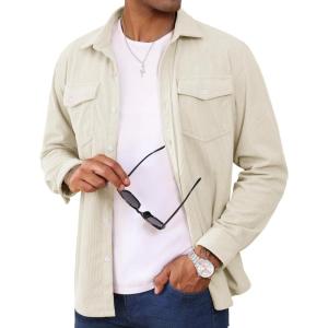 imageMAGCOMSEN Mens Corduroy Shirt Jacket Long Sleeve Lightweight Jacket ButtonUp Casual Shacket with Flap PocketsBeige