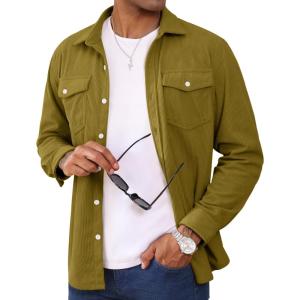 imageMAGCOMSEN Mens Corduroy Shirt Jacket Long Sleeve Lightweight Jacket ButtonUp Casual Shacket with Flap PocketsBrown