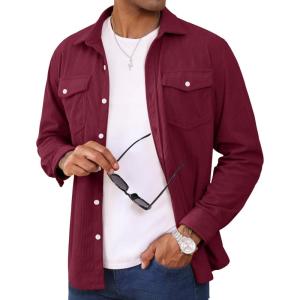 imageMAGCOMSEN Mens Corduroy Shirt Jacket Long Sleeve Lightweight Jacket ButtonUp Casual Shacket with Flap PocketsBurgundy
