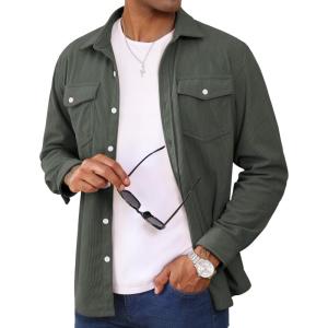 imageMAGCOMSEN Mens Corduroy Shirt Jacket Long Sleeve Lightweight Jacket ButtonUp Casual Shacket with Flap PocketsDark Grey