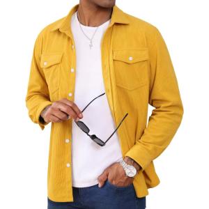 imageMAGCOMSEN Mens Corduroy Shirt Jacket Long Sleeve Lightweight Jacket ButtonUp Casual Shacket with Flap PocketsGinger