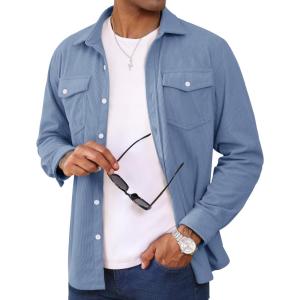 imageMAGCOMSEN Mens Corduroy Shirt Jacket Long Sleeve Lightweight Jacket ButtonUp Casual Shacket with Flap PocketsLight Blue