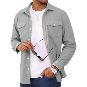 imageMAGCOMSEN Mens Corduroy Shirt Jacket Long Sleeve Lightweight Jacket ButtonUp Casual Shacket with Flap PocketsLight Grey