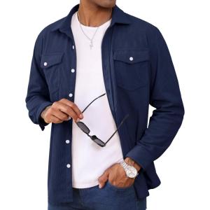 imageMAGCOMSEN Mens Corduroy Shirt Jacket Long Sleeve Lightweight Jacket ButtonUp Casual Shacket with Flap PocketsNavy Blue