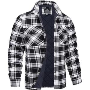 imageMAGCOMSEN Mens Flannel Shirt Jacket with Quilted Lined Long Sleeve Plaid Coat Button Down Thick Outwear WinterBlack