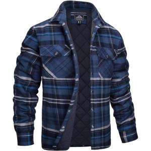 imageMAGCOMSEN Mens Flannel Shirt Jacket with Quilted Lined Long Sleeve Plaid Coat Button Down Thick Outwear WinterBlue Grey