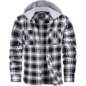 imageMAGCOMSEN Mens Flannel Shirts Long Sleeve Button Down Flannel Shirt Jacket with Hood Casual Cotton Plaid ShirtBlack