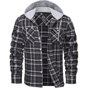 imageMAGCOMSEN Mens Flannel Shirts Long Sleeve Button Down Flannel Shirt Jacket with Hood Casual Cotton Plaid ShirtBlack Grey