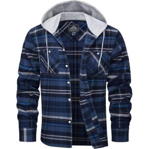 imageMAGCOMSEN Mens Flannel Shirts Long Sleeve Button Down Flannel Shirt Jacket with Hood Casual Cotton Plaid ShirtBlue Grey