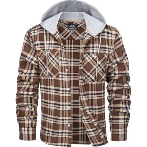 imageMAGCOMSEN Mens Flannel Shirts Long Sleeve Button Down Flannel Shirt Jacket with Hood Casual Cotton Plaid ShirtBrown