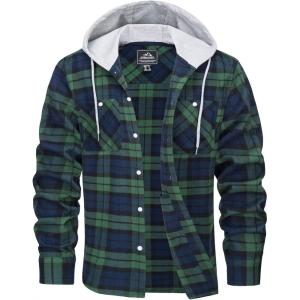 imageMAGCOMSEN Mens Flannel Shirts Long Sleeve Button Down Flannel Shirt Jacket with Hood Casual Cotton Plaid ShirtGreen
