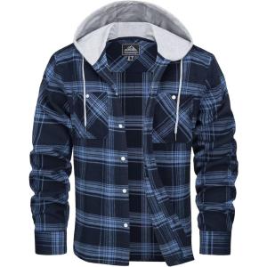 imageMAGCOMSEN Mens Flannel Shirts Long Sleeve Button Down Flannel Shirt Jacket with Hood Casual Cotton Plaid ShirtGrey Blue