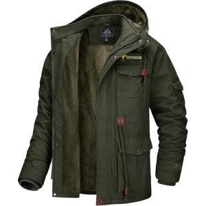 imageMAGCOMSEN Mens Winter Coat Military Jacket Fleece Lined Parka Cotton Cargo JacketArmy Green