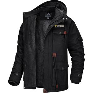 imageMAGCOMSEN Mens Winter Coat Military Jacket Fleece Lined Parka Cotton Cargo JacketBlack