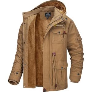 imageMAGCOMSEN Mens Winter Coat Military Jacket Fleece Lined Parka Cotton Cargo JacketKhaki