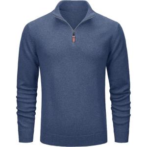 imageMAGCOMSEN Mens Quarter Zip Pullover Sweaters Casual Knit Polo Sweaters Fall Winter SweatshirtsDenim Blue
