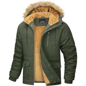 imageMAGCOMSEN Mens Fleece Lined Parka Jacket Hooded Puffer Jacket Warm Winter Coat Thicken Fur Jackets Windproof CoatsArmy Green