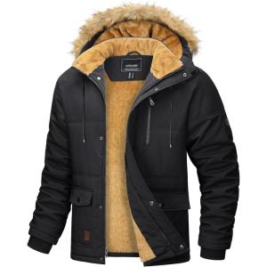 imageMAGCOMSEN Mens Fleece Lined Parka Jacket Hooded Puffer Jacket Warm Winter Coat Thicken Fur Jackets Windproof CoatsBlack